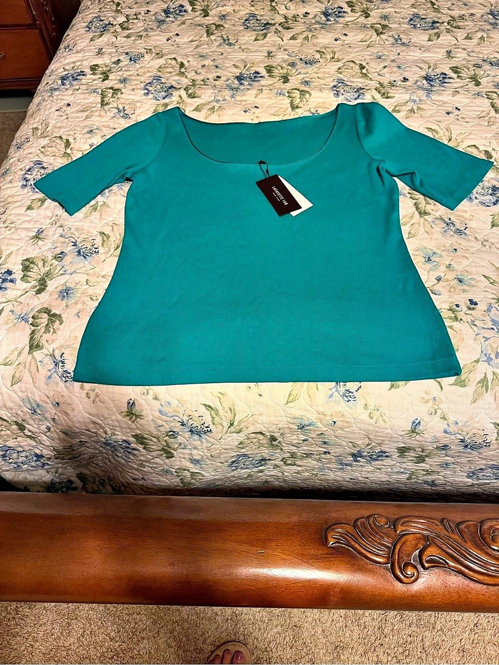 Lafayette 148 New York Short Sleeve Cotton Top in Teal Size Large NWT